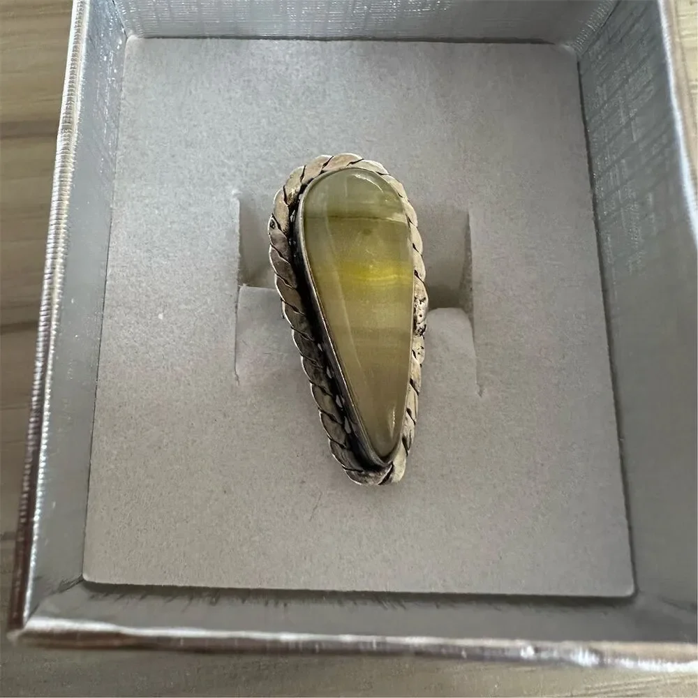 💕 Hand made Silver plated Adjustable Green‎ Yellow Fluorite Oval Gemstone Ring